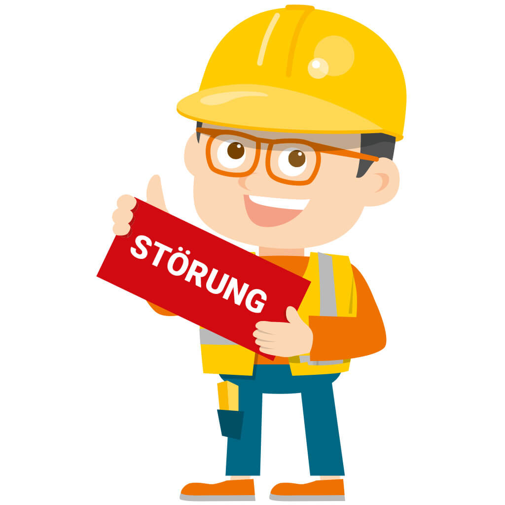 DIN-Maskotten hält ein Schild mit der Aufschrift Störung 